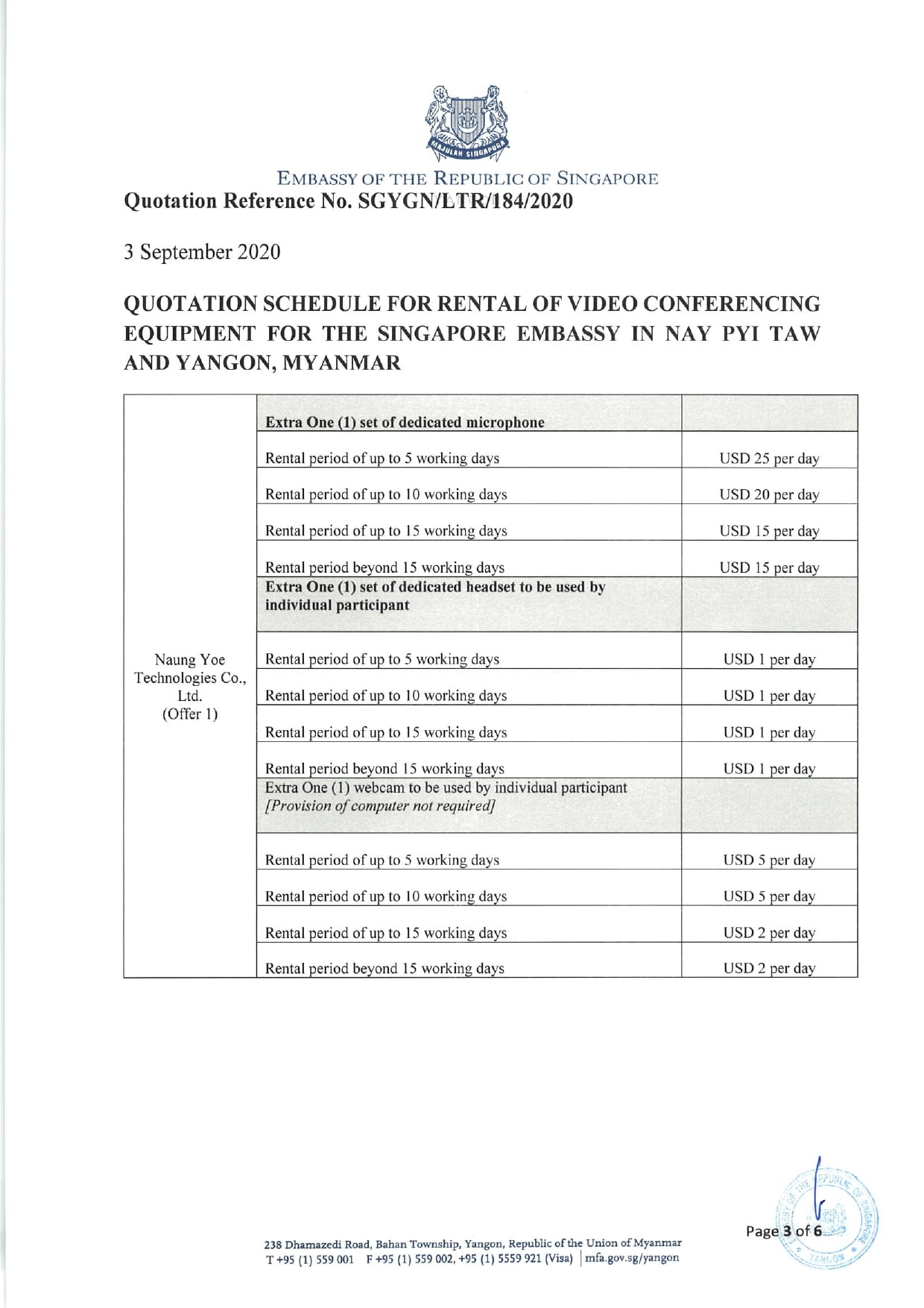 Singapore Embassy's price quotation schedule for video conferencing equipment.